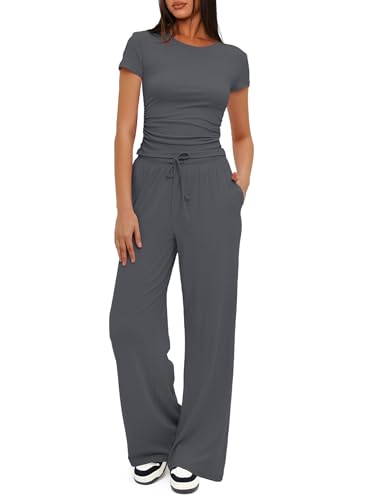 Darong Women's 2 Piece Set Outfits Lounge Sets Ruched Short Sleeve Tops High Waisted Wide Leg Pants Tracksuit Sets