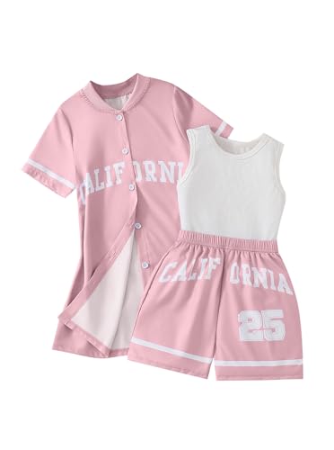 Image of Hilinker Girls 3 Piece Outfits Graphic Tank and Short Sleeve Cardigan with Shorts Set