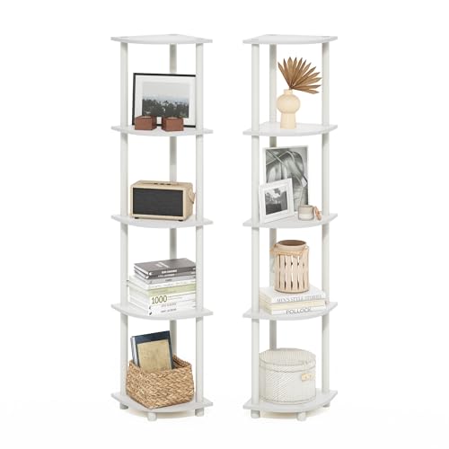 Image of Furinno Turn-N-Tube Corner Shelf Set of 2, 5-Tier Corner Bookshelf, Open Storage Shelves, for Organization and Storage, Living Room, Home Office, Garage, White