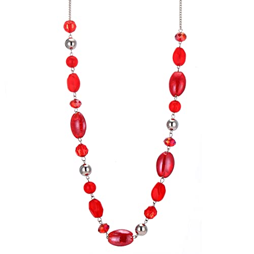 FULU AUTUMN Long Collier de Perles en Pierre pour Femmes Collier de Chaîne en Argent avec Cristaux de Verre Bijoux de Mode Cadeau Noël pour Maman(10-Red)