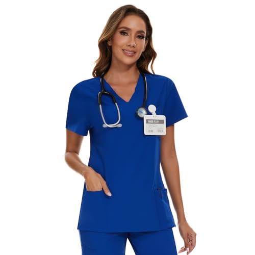 COZYFIT Scrub Tops for Woman - Soft Stretch V-Neck Top Scrubs with 3 Pockets Easy Care for Women Royal Blue