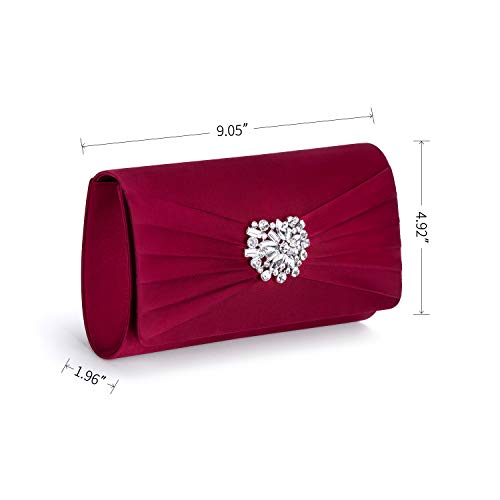 Image of Evening Bags For Women Pleated Satin Rhinestone Brooch Prom Clutch Purse With Detachable Chain Strap