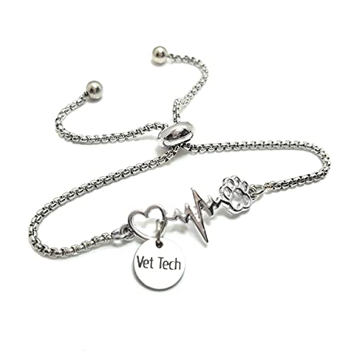 Vet Tech Paw Print Stainless Steel Adjustable Bracelet Veterinary Technician Jewelry