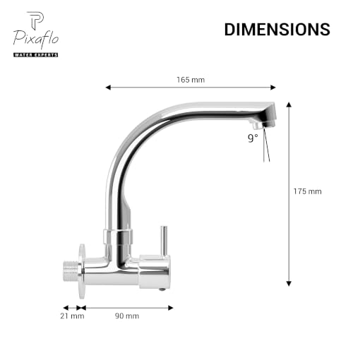 Image of Pixaflo Florent Brass Kitchen Sink Tap with Wall Flange | 360 Swivel C-Type Spout | Wall Mounted Kitchen Faucet | Foam Flow Aerator | Water Saving | Chrome Finish