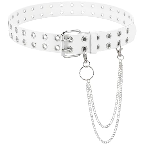 Image of Studded Double Grommet Belt with Chains for Women Men Teens | Y2K Punk Goth Belt, Womens Double Hole Belts for Jeans /Pants /Skirts, Grunge Adjustable Leather Belt for Fashion /Festival
