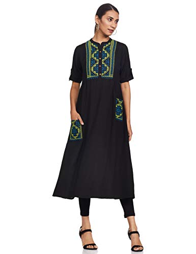 Image of Haute Curry by Shoppers Stop Womens Mandarin Collar Embroidered Kurta
