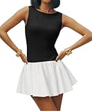 YOXUA Women's Tank Drop-Waist A Line Dress Sleeveless Crewneck Solid Slim Fit Puffy Beach Short Summer Dresses Black/White