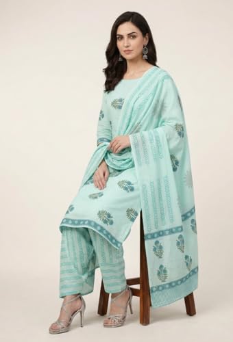 Image of Eddika women unstitched hand block printed cotton suit set with mulmul dupatta ehbpcswmd0120P