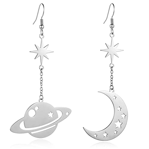 REELMAR Moon and Saturn Dangle Earrings for Women Asymmetrical Celestial Space Earrings Dangling Crescent Moon Planet Drops Stainless Steel Statement Jewelry (Silver)