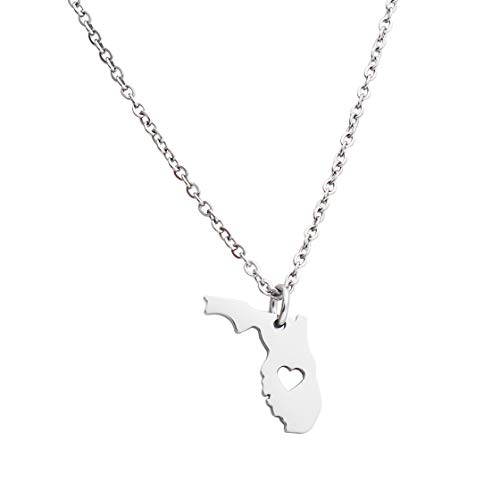 JINGMARUO Stainless Steel State Map Pendant Necklace Country Map Necklace Going Away Gift for Best Friend Traveling Keepsake State Pride (Florida)