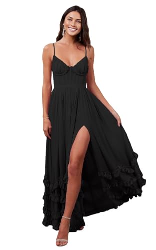Spaghetti Straps V Neck Bridesmaid Dresses for Wedding Ruffle Long Chiffon Formal Evening Maxi Dress