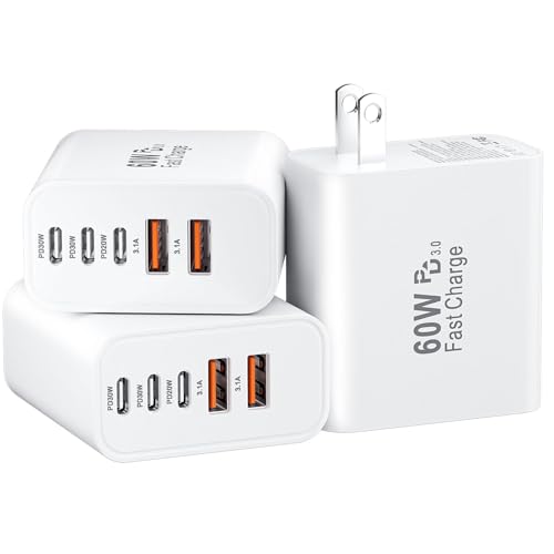 Image of USB C Fast Wall Charger Block, 3Pack 60W USBC Charging Cubes, 5-Port PD+QC Power Adapter Multiport Brick Type C Box Plug for Phone 17 /16 /15 /14 /13 /12 /11 /Pro Max /Plus, Pad Mini /Pro /S25 /S24-White