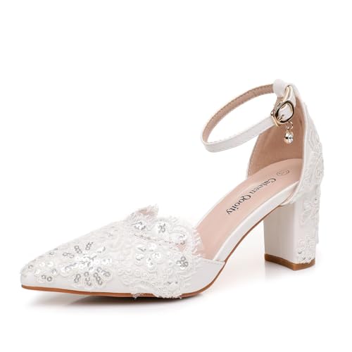Women's Lace Ankle Strap Pointed Toe Pumps with 3 Inch Heel, White