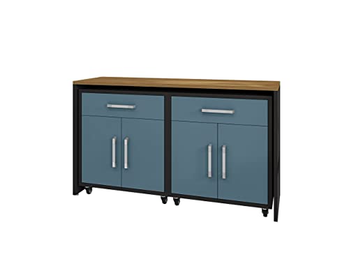 Image of Manhattan Comfort Eiffel Garage Work Station Cabinet Organizers and Storage, Set of 3, Matte Black and Aqua Blue