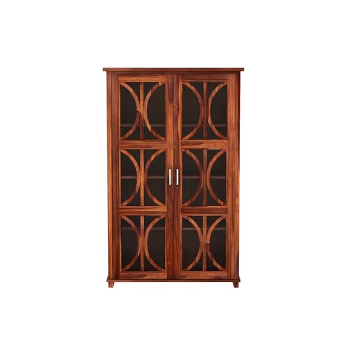 Image of Wooden Crockery Cabinets with Glass Door | Wooden Showcase Almirah | Solid Wood Book Shelf Crockery Unit for Kitchen Living Room