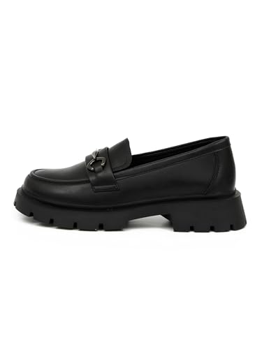 Rio Fiore Mocasines para mujer, color negro, de piel, elegantes mocasines con tacón de 3 cm, cómodos mocasines para mujer, KHNX23, Negro con cadena, 38 EU Estrecho
