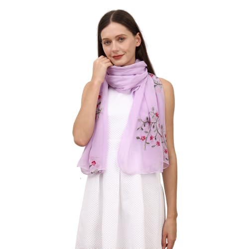 Flower Embroidered Silk Chiffon Hijab Head Scarf Shawl Wrap for Muslim Women Lightweight