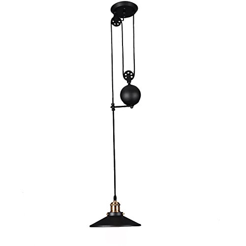 WINSOON Industrial Pendant Light, Pulley Light Fixture, Retro Steampunk Hanging Lamp, Adjustable Vintage Kitchen Island Over The Sink 1-Head Lights, Matte Black Painted