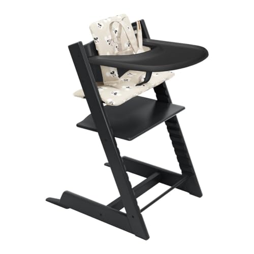 Image of Stokke Tripp Trapp High Chair 2 (Black), Cushion 2 (Mickey Signature) + Stokke Tray (Black) - Includes Chair + Baby Set with Removable Harness for Children 6-36 Months