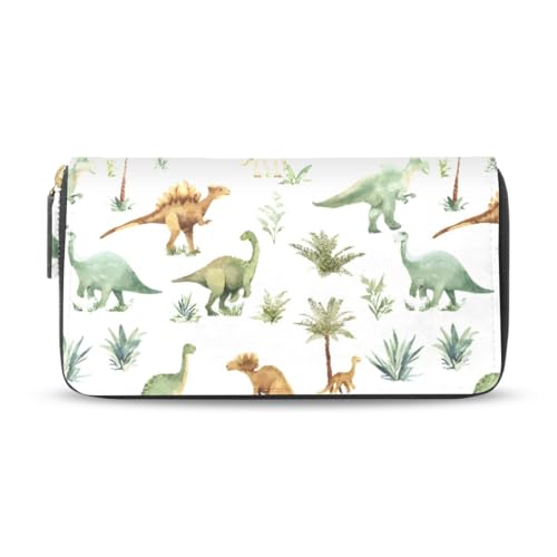 Long Wallets Leather Bifold Wallet for Women Dinosaur Grass with Zipper Credit Card Holder Large Capacity