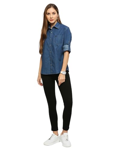 Image of Women's Denim Shirt with Roll-up Sleeves, Blue, 100% Cotton | Classic Denim Shirt | Shirt for Women Stylish Western | Beach Summer Shirt for Women