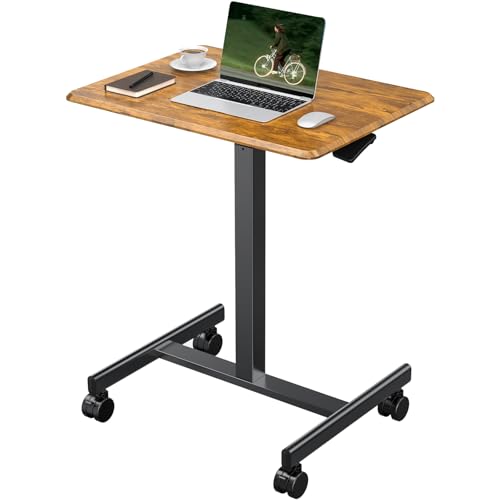 Image of OLIXIS Mobile Standing Desk with Wheels Small Rolling Laptop Desks Portable Pneumatic Adjustable Height Sit Stand Table Computer Workstation for Home Office Rustic Brown