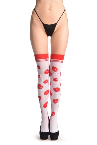 Medias y leggins Red Lips On White - Over The Knee Socks - Blanco Calcetines hasta la rodilla...