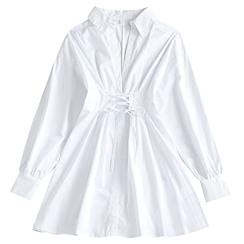 ZAFUL Women's Long Sleeve Lace-up A Line Shirt Dress V Neck Plunging Top Blouse Tunic Shirt Mini Dress White