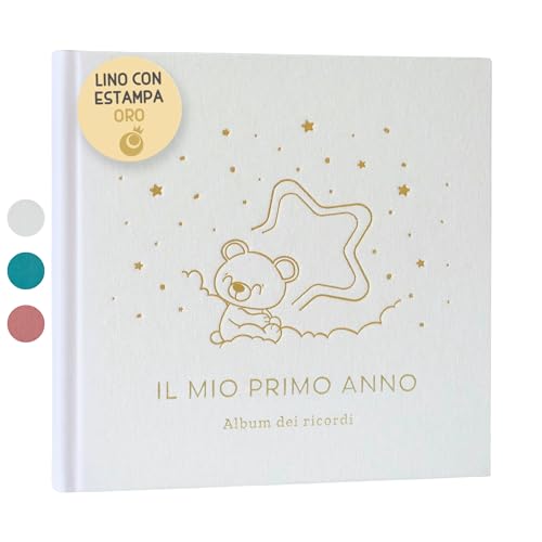 Album Nascita Bambina e Bambino Il Mio Primo Anno Copertina In Lino e 75 Pagine + Adesivi | Libro Ricordi Neonato Ideale per Regali Nascita Bimba/o | Album Fotografico Neonato per Regali Baby Shower