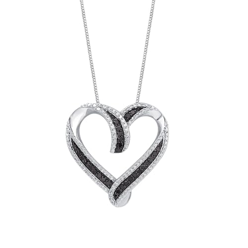 GILDED Sterling Silver Necklace with Natural Round-Cut Black Diamond and Heart Shaped Pendant, 18-inch White Silver Chain, 1/4 Carat Total Weight Diamonds, Elegant Gift Box Included