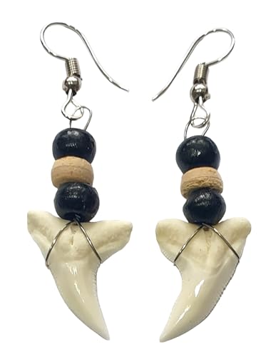 Genuine Mako Shark Tooth Earrings, Handmade Wooden Beads Dangle Shark Tooth Earrings for Women Jewelry GA056-A2