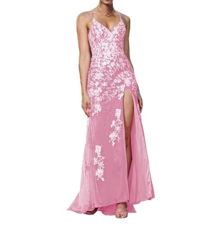 Image of Long Spaghetti Straps Tulle Mermiad Prom Dress V Neck Lace Appliques Formal Dress with Slit SF203