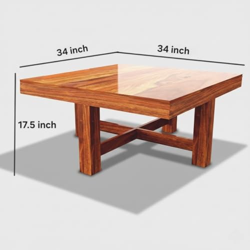 Image of Modern Solid Wood Coffee Table with 4 Cushioned Stools | Space-Saving Center Table Set for Living Room | Multipurpose Tea Table Furniture for Home, Lounge & Apartment Decor | Natural Wood Finish