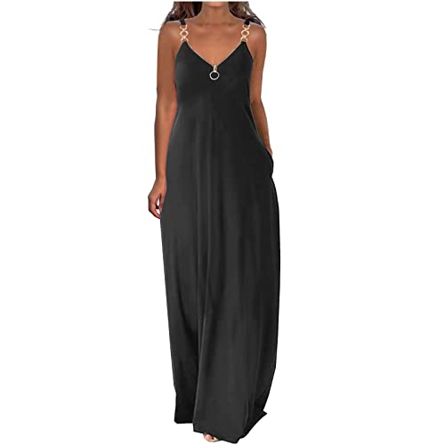Kleider Damen Sommerkleid Lang Lässiges Einfarbig Maxikleid Ärmellos V-Ausschnitt Trägerkleid Boho Urlaubskleid Große Größen Lose Kleid...