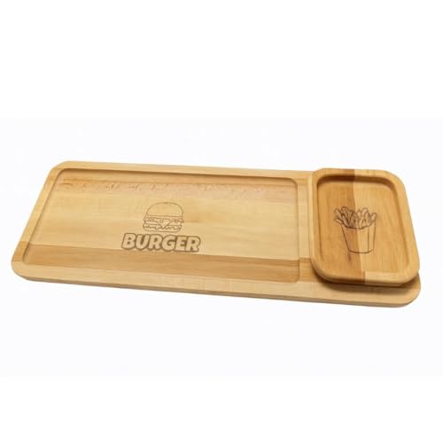 Mottiwood Vassoio per Hamburger con Ciotola Estraibile per Fritti, Piatto hamburger, Ciotola per Patatine Fritte,100% Legno di Faggio, 49x20 cm, Made in Italy