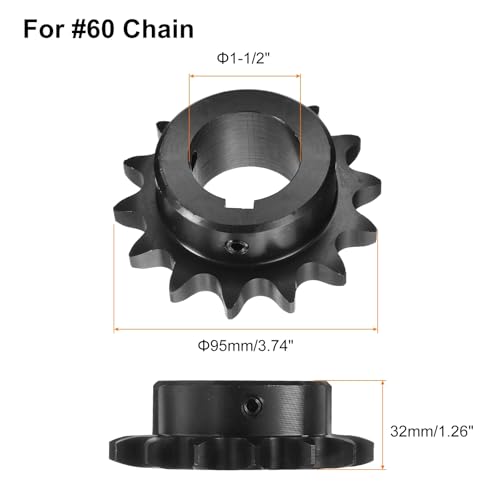 Image of uxcell #60 Chain Roller Sprocket B Type, 1-1 /2 inch Bore 14 Tooth Single Strand Chain Sprocket, Carbon Steel, Keyway with Set Screws