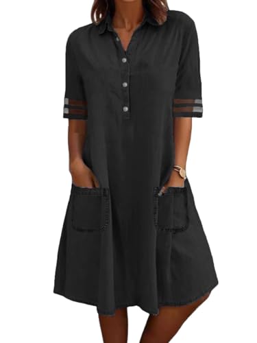 Image of utcoco Denim Dress for Women 2026 Casual Tulle Short Sleeve Button Jean Midi Dress with Pockets
