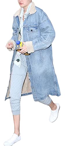 CHARTOU Women's Thicken Loose Sherpa Fleece Lined Button Down Long Denim Jacket Overcoat3