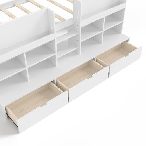 Image of Twin XL Size Low Loft Bed for Kids with Storage Shelves, Play Curtain & Chalkboard,Space-Saving Design,No Box Spring Needed (White-TX)