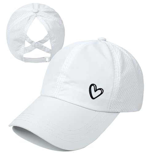 Bonvince Womens Criss Cross Ponytail Hat Quick Drying Baseball Cap Sun Hats UV Protection Sport Hat with Heart White