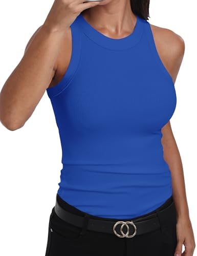 GEMBERA Womens Sleeveless Racerback High Neck Casual Basic Cotton Ribbed Fitted Tank Top