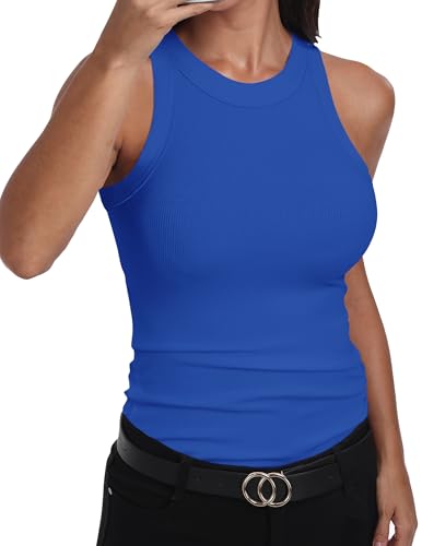GEMBERA Womens Sleeveless Racerback High Neck Basic Ribbed Knit Fitted Tank Top,Royal Blue,L
