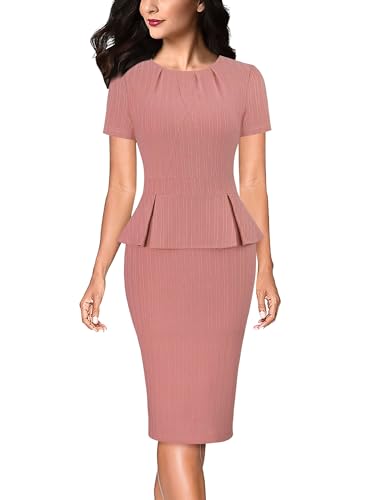 Image of VFSHOW Womens Pleated Crew Neck Peplum Work Business Office Church Bodycon Pencil Sheath Dress