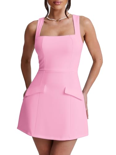 BORIFLORS Womens Sexy Bodycon Corset Mini A Line Dresses Sleeveless Square Neck Party Short Dress, Medium, Pink