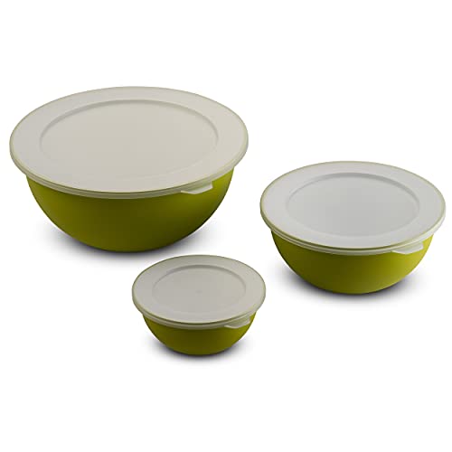Omada Design, Kit de 3 bols à salade avec couvercle (0,5 l, 1,5 l, 3,5 l) Intérieur blanc et extérieur coloré, Microban antibactérien Ligne Sanaliving