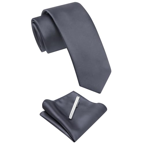 Image of YourTies Skinny Ties for Men Satin 2.4 inch Slim Necktie with Pocket Square Tie Clip Set Solid Color Wedding Party Business