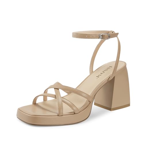Image of ISNOM Platform Heels for Women Block Chunky Sandals Strappy Ankle Strap | Platform Heels with Square Toe and Ankle Strap. Comfortable Chunky Sandals for Weddings, Parties, and Daily Wear