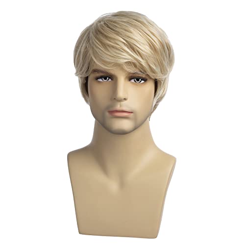 Baruisi Mens Short Blonde Wig Natural Blonde Heat Resistant Synthetic Hair Wig for Male, light blonde