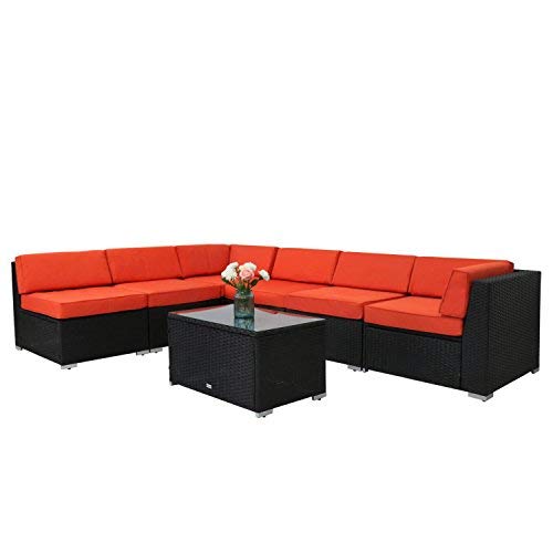 Kinbor 7 Pieces Outdoor Patio Pe Rattan Wicker Sofa Sectional Furniture Cushioned Set Inclined Backrest Orange Garden Outdoor Amazon Com