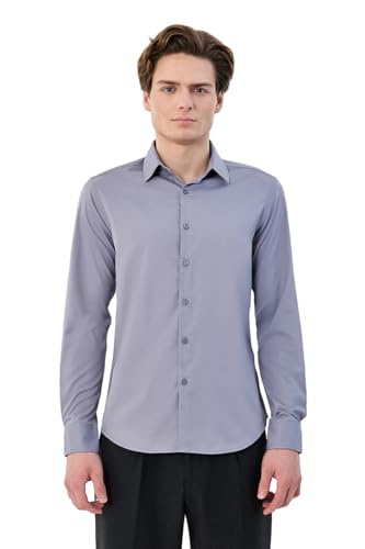 Image of SNITCH Men Formal Shirt | Tailored Slim Fit Full Sleeve Spread Collar Solid Style | Breathable Polyester Viscose Blend Twill Fabric for Office & Evening